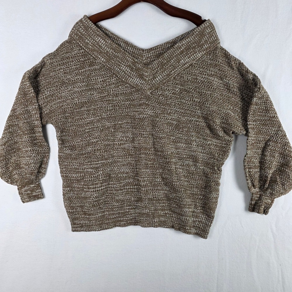 Zenana Women's Brown Marled Wide V-Neck Off Shoulder Knit Sweater Size M